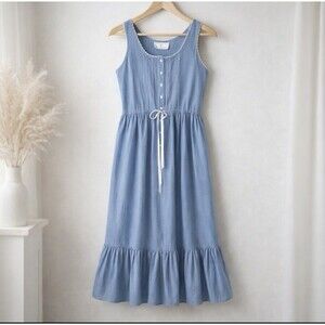 Vtg Eileen West Cotton Maxi Dress Petite Small USA Blue Prairie Cottagecore FLAW